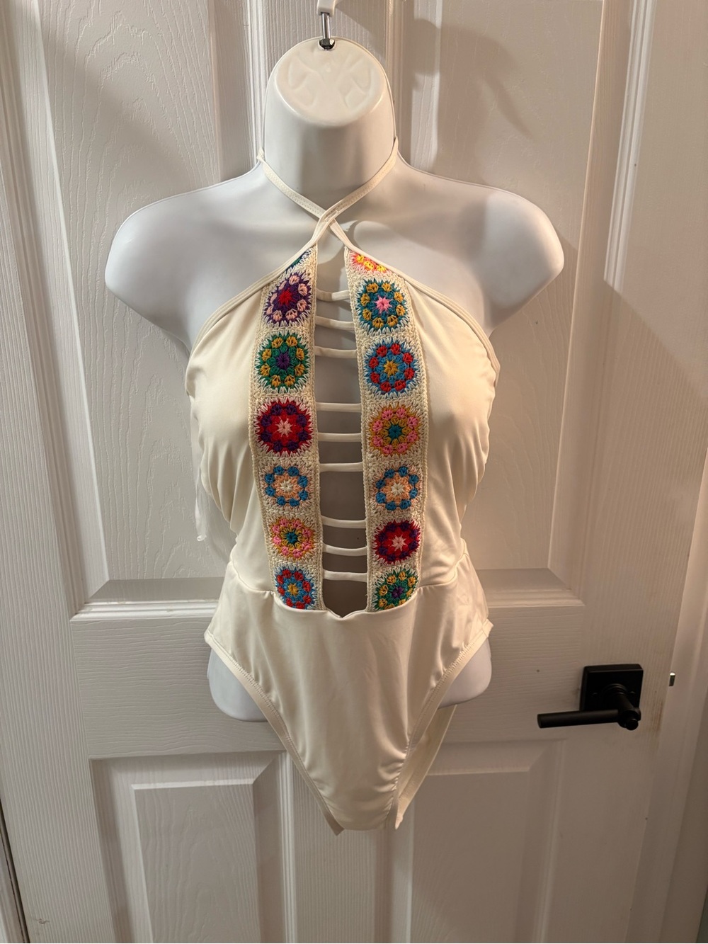 Cream Crochet-Trim Halter Ladder Bodysuit